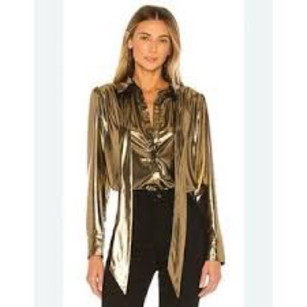 7 FOR ALL MANKIND Blouse Lon Sleeve Liquid Gold Metallic Foil Tie Sash XS